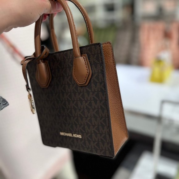 MICHAEL KORS MERCER XS NS SHOPPER CROSSBODY SATCHEL BAG SIGNATURE LOGO MK BROWN - Picture 3 of 8